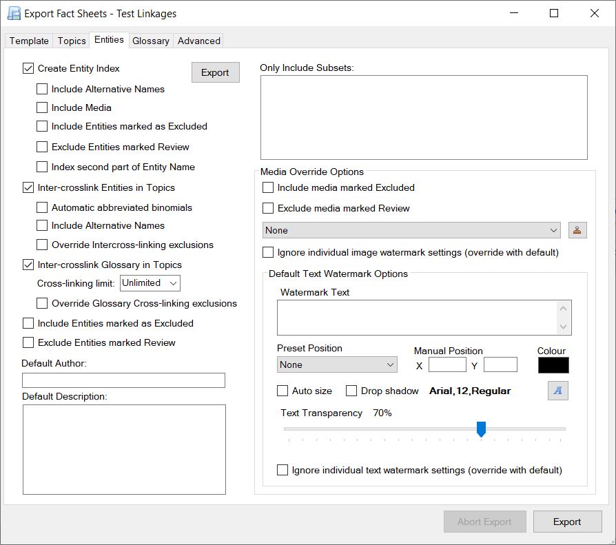 Export - Entity Options Tab