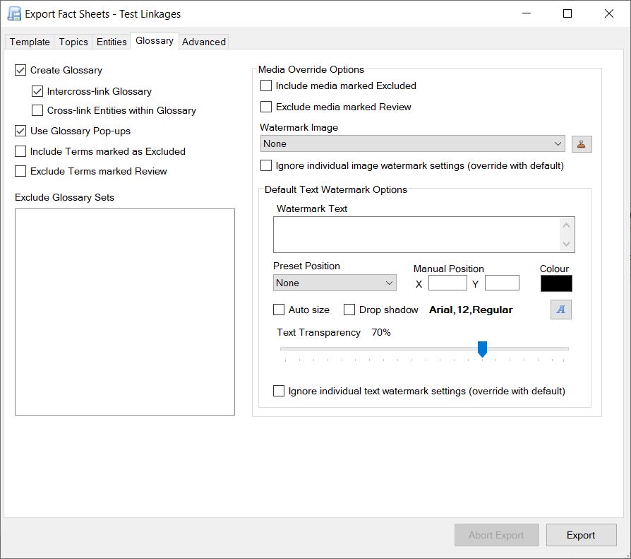 Export - Glossary Options Tab