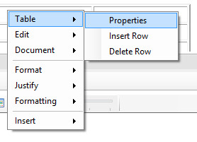 HTML editor context pop-up menu - table options.